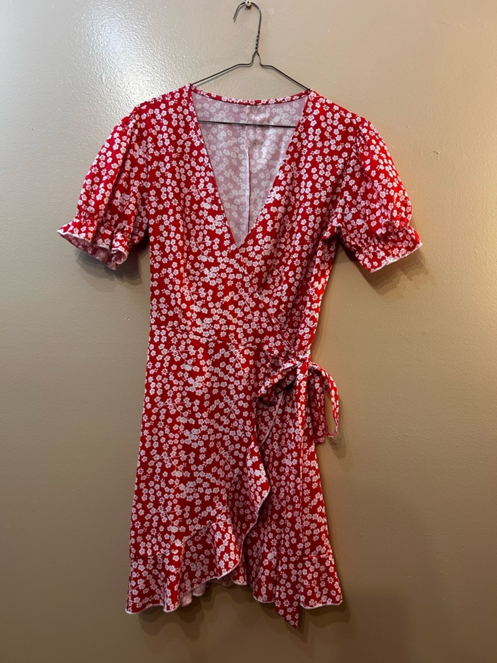 Red Floral Wrap Mini Dress with Tie Waist